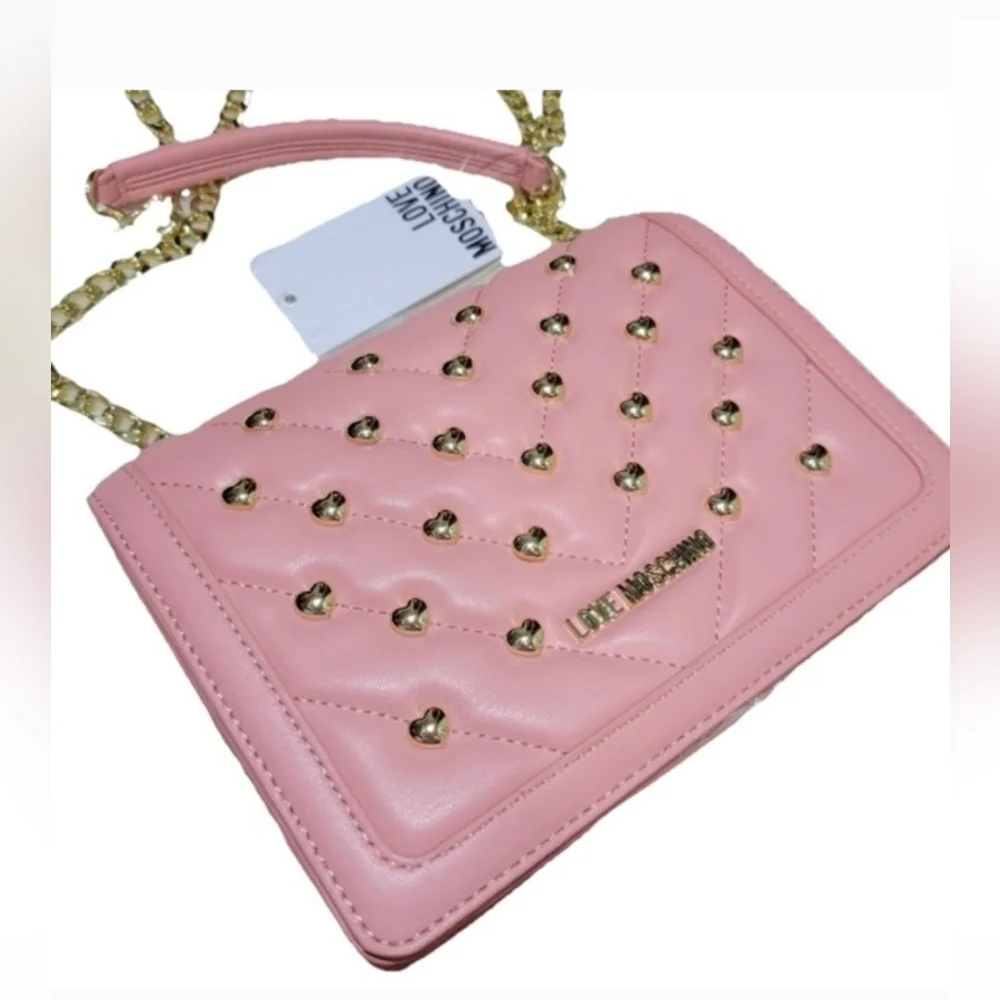 Love Moschino Borsa Pink Quilted Heart Stud Crossbody Bag.
